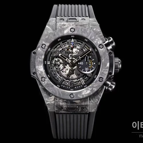 위블로 빅뱅 카본파이버 스켈레톤 크로노그래프 오토매틱 스켈레톤 다이얼 블랙 러버 스트랩 그레이 베젤
