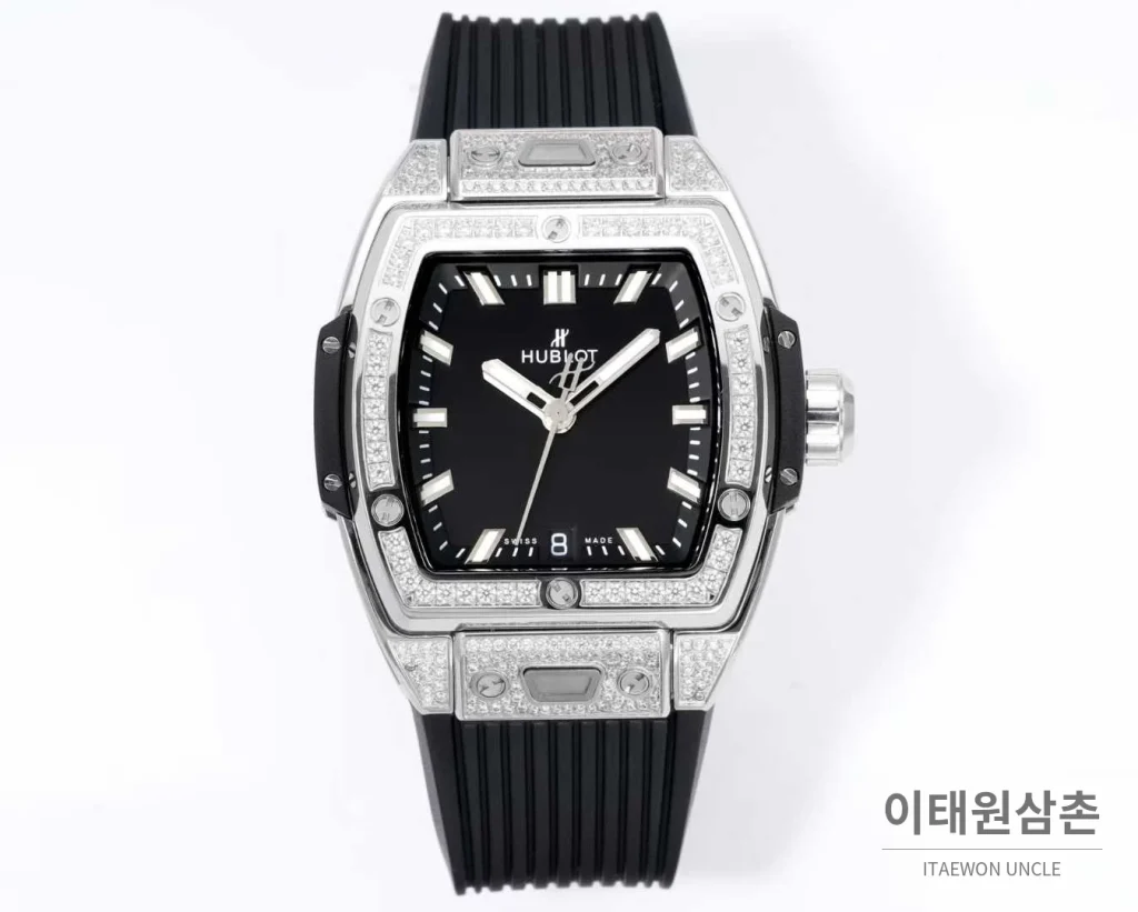 위블로 빅뱅 다이아몬드 스틸 스켈레톤 러버밴드 오토매틱 39mm 실버 / 블랙 실버 베젤 (3)