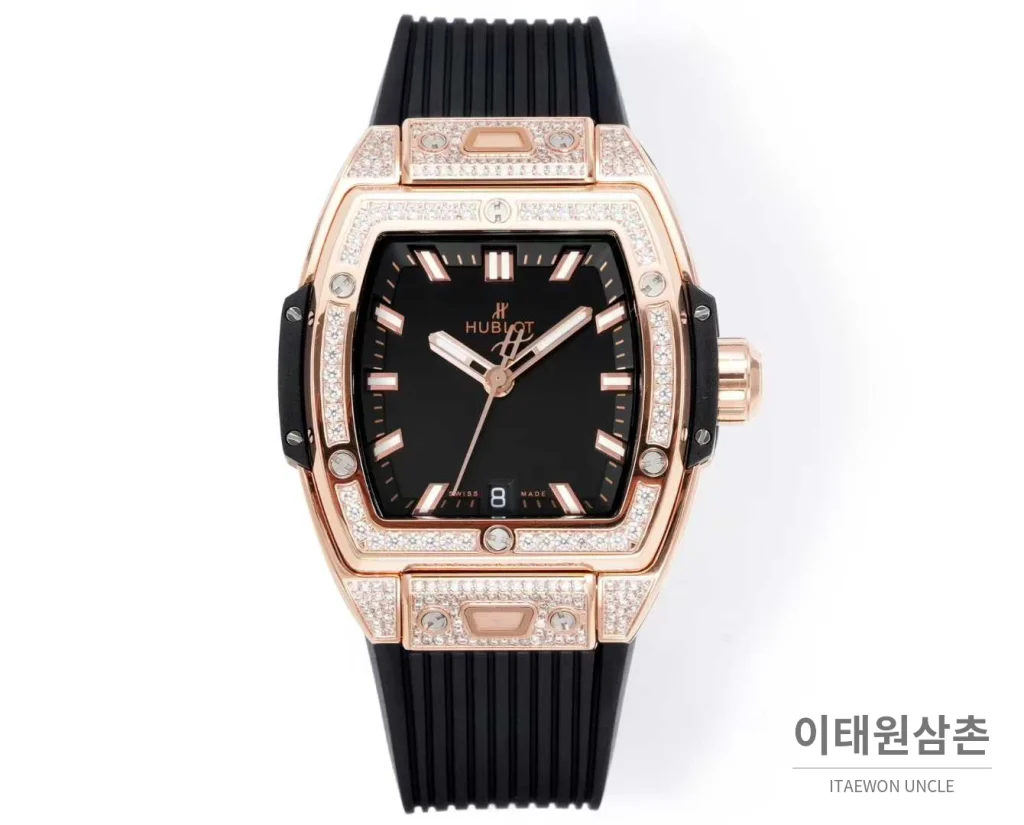 위블로 빅뱅 다이아몬드 스틸 스켈레톤 러버밴드 오토매틱 39mm 실버 / 블랙 로즈골드 베젤 (4)