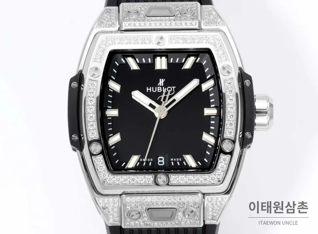 위블로 빅뱅 다이아몬드 스틸 스켈레톤 러버밴드 오토매틱 39mm 실버 / 블랙 실버 베젤 (3)
