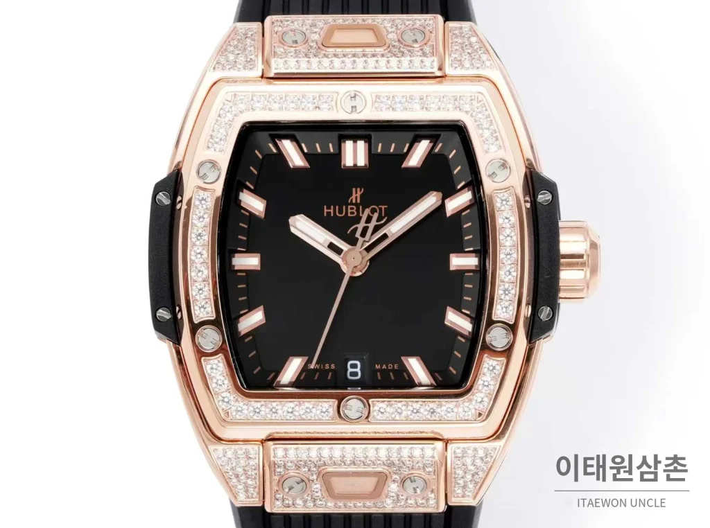 위블로 빅뱅 다이아몬드 스틸 스켈레톤 러버밴드 오토매틱 39mm 실버 / 블랙 로즈골드 베젤 (4)