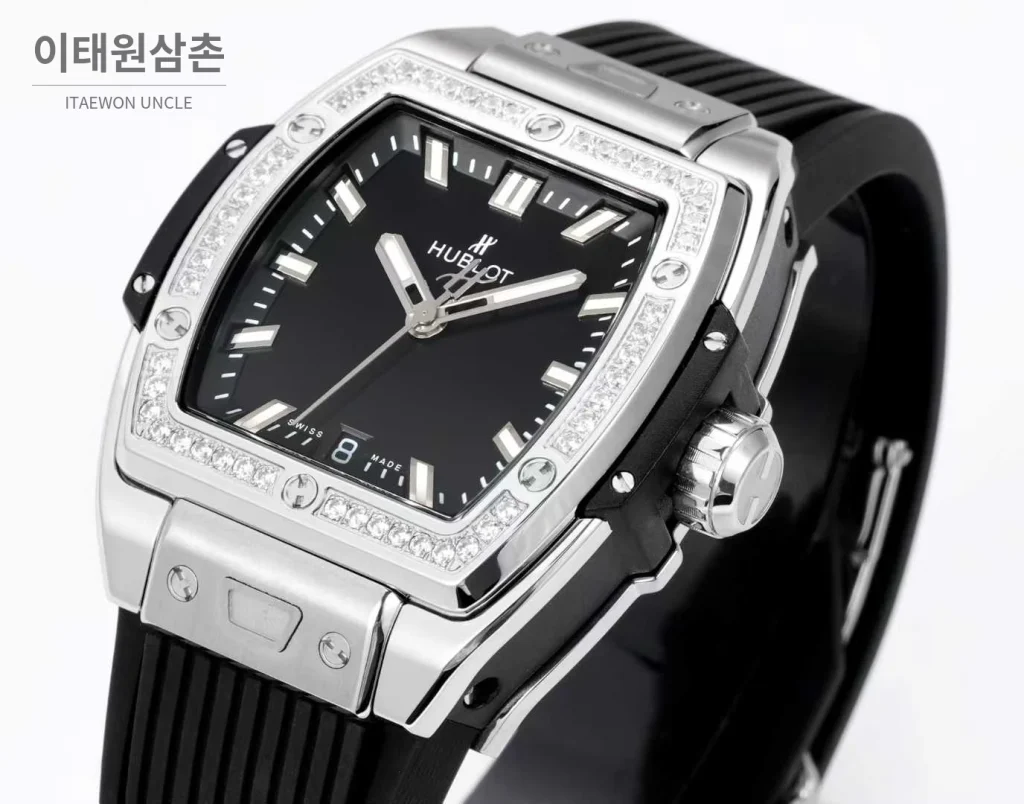 위블로 빅뱅 다이아몬드 스틸 스켈레톤 러버밴드 오토매틱 39mm 실버 / 블랙 실버 베젤
