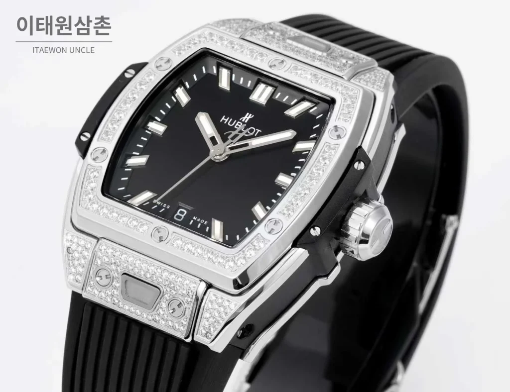 위블로 빅뱅 다이아몬드 스틸 스켈레톤 러버밴드 오토매틱 39mm 실버 / 블랙 실버 베젤 (3)