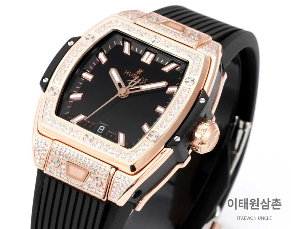 위블로 빅뱅 다이아몬드 스틸 스켈레톤 러버밴드 오토매틱 39mm 실버 / 블랙 로즈골드 베젤 (4)