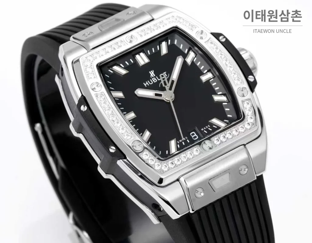 위블로 빅뱅 다이아몬드 스틸 스켈레톤 러버밴드 오토매틱 39mm 실버 / 블랙 실버 베젤