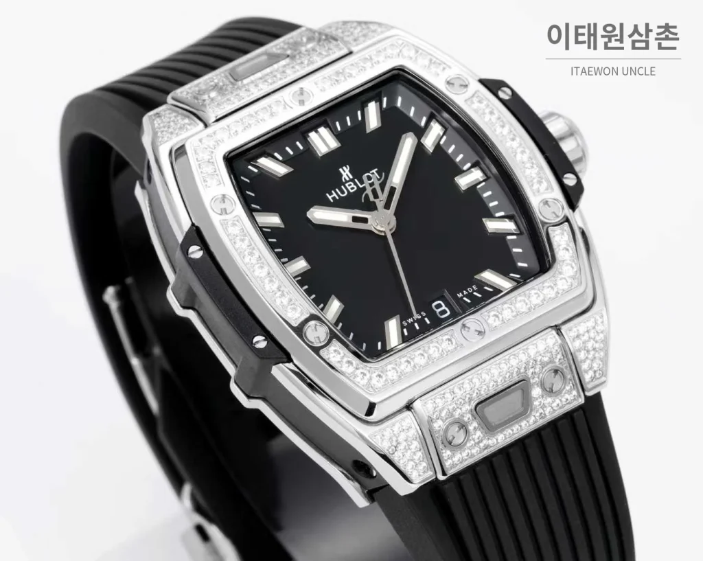 위블로 빅뱅 다이아몬드 스틸 스켈레톤 러버밴드 오토매틱 39mm 실버 / 블랙 실버 베젤 (3)