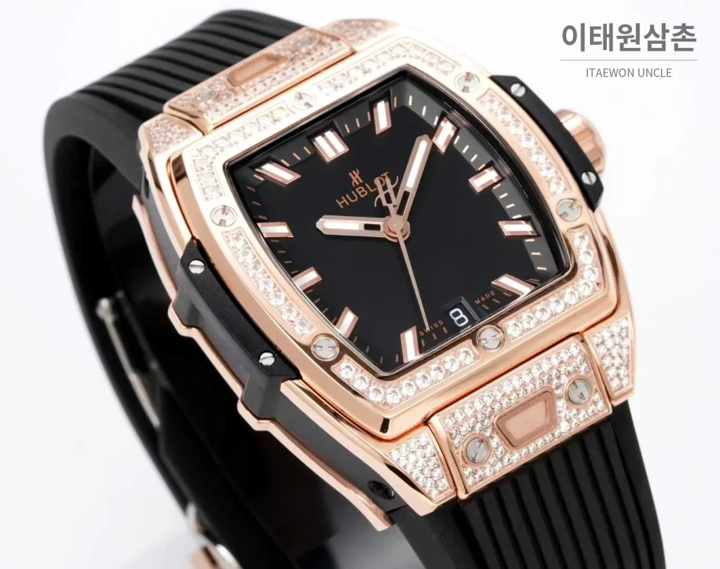 위블로 빅뱅 다이아몬드 스틸 스켈레톤 러버밴드 오토매틱 39mm 실버 / 블랙 로즈골드 베젤 (4)
