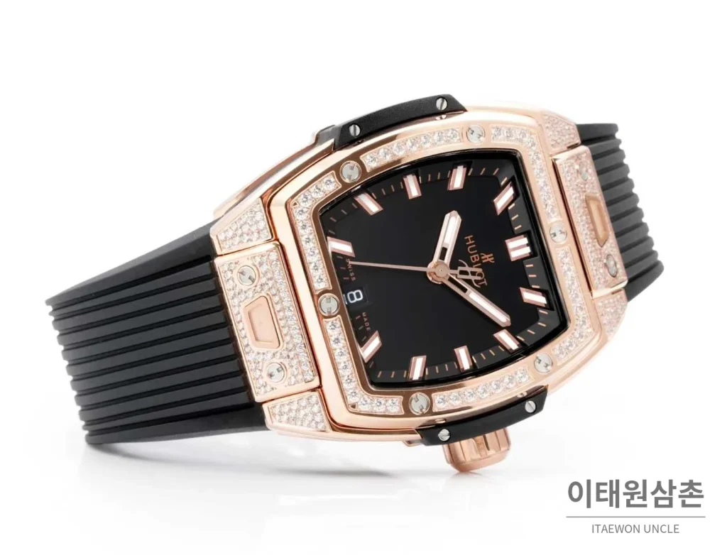 위블로 빅뱅 다이아몬드 스틸 스켈레톤 러버밴드 오토매틱 39mm 실버 / 블랙 로즈골드 베젤 (4)
