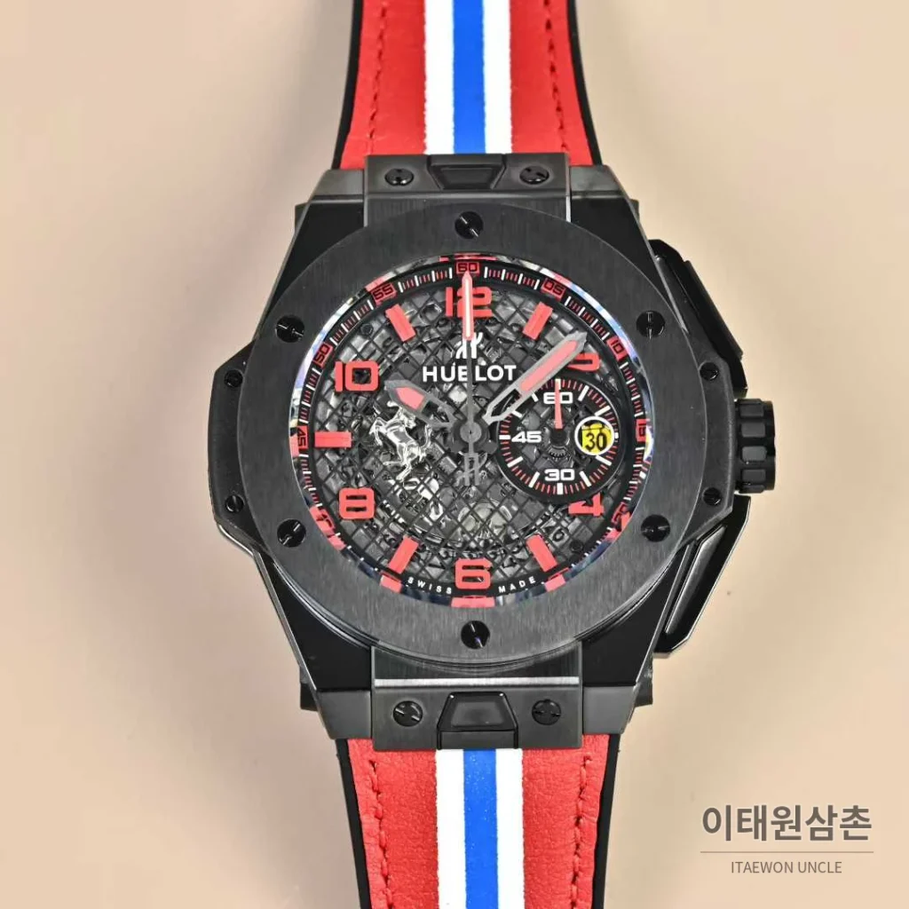 위블로 빅뱅 페라리 티타늄 카본 스켈레톤 크로노그래프 오토매틱 45mm 블랙 레드 가죽 스트랩