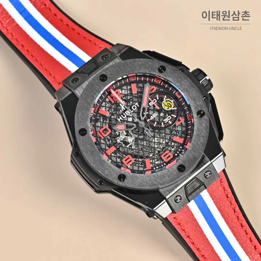 위블로 빅뱅 페라리 티타늄 카본 스켈레톤 크로노그래프 오토매틱 45mm 블랙 레드 가죽 스트랩