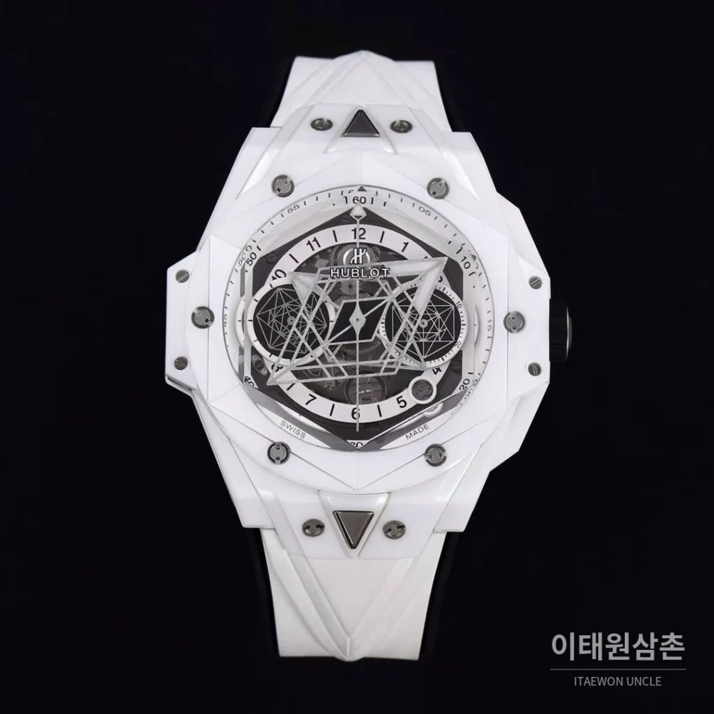 위블로 빅뱅 상블루 II 세라믹 스켈레톤 플라이백 크로노그래프 오토매틱 45mm 스켈레톤 다이얼 화이트 러버 스트랩