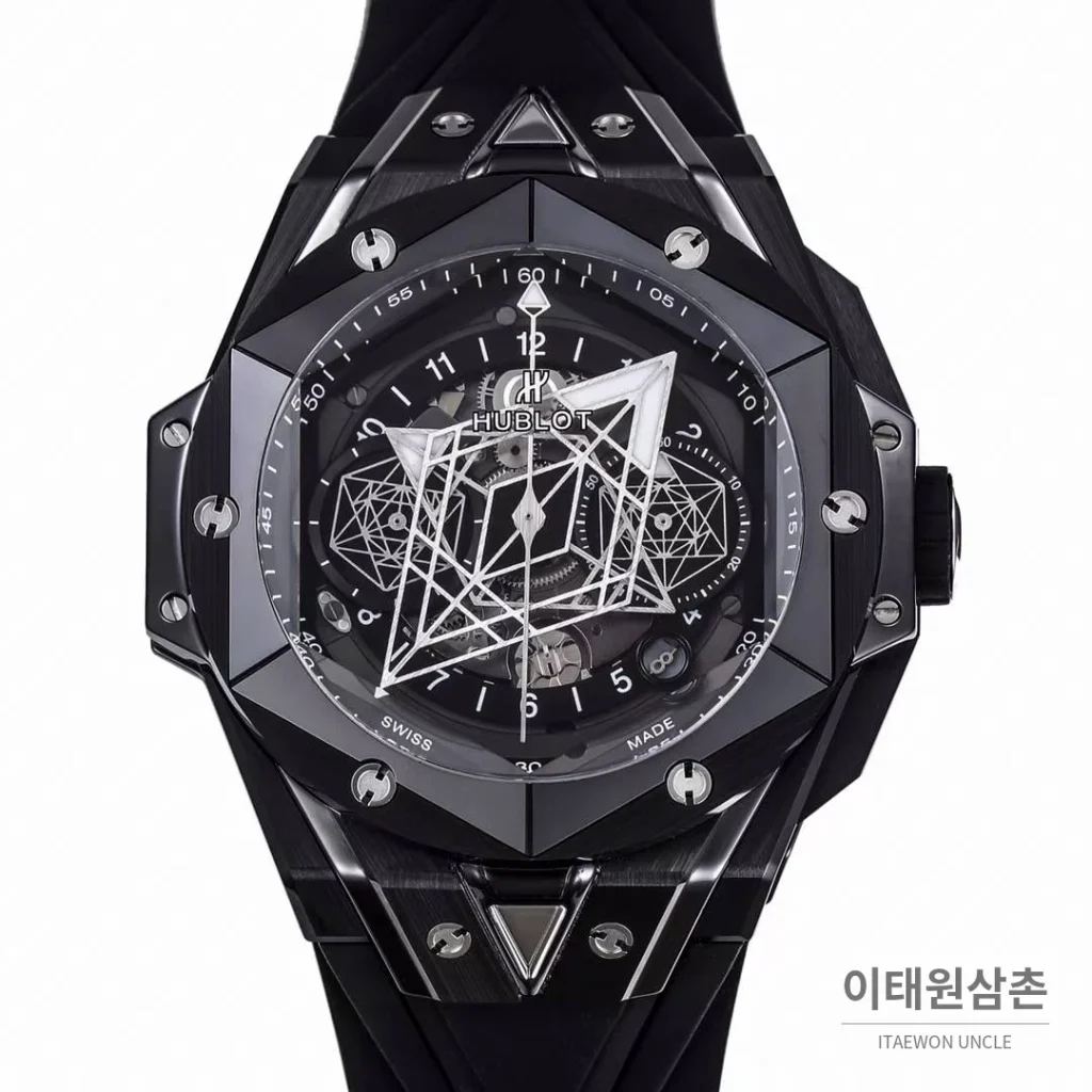 위블로 빅뱅 상블루 II 세라믹 스켈레톤 플라이백 크로노그래프 오토매틱 45mm 스켈레톤 다이얼 블랙 러버 스트랩