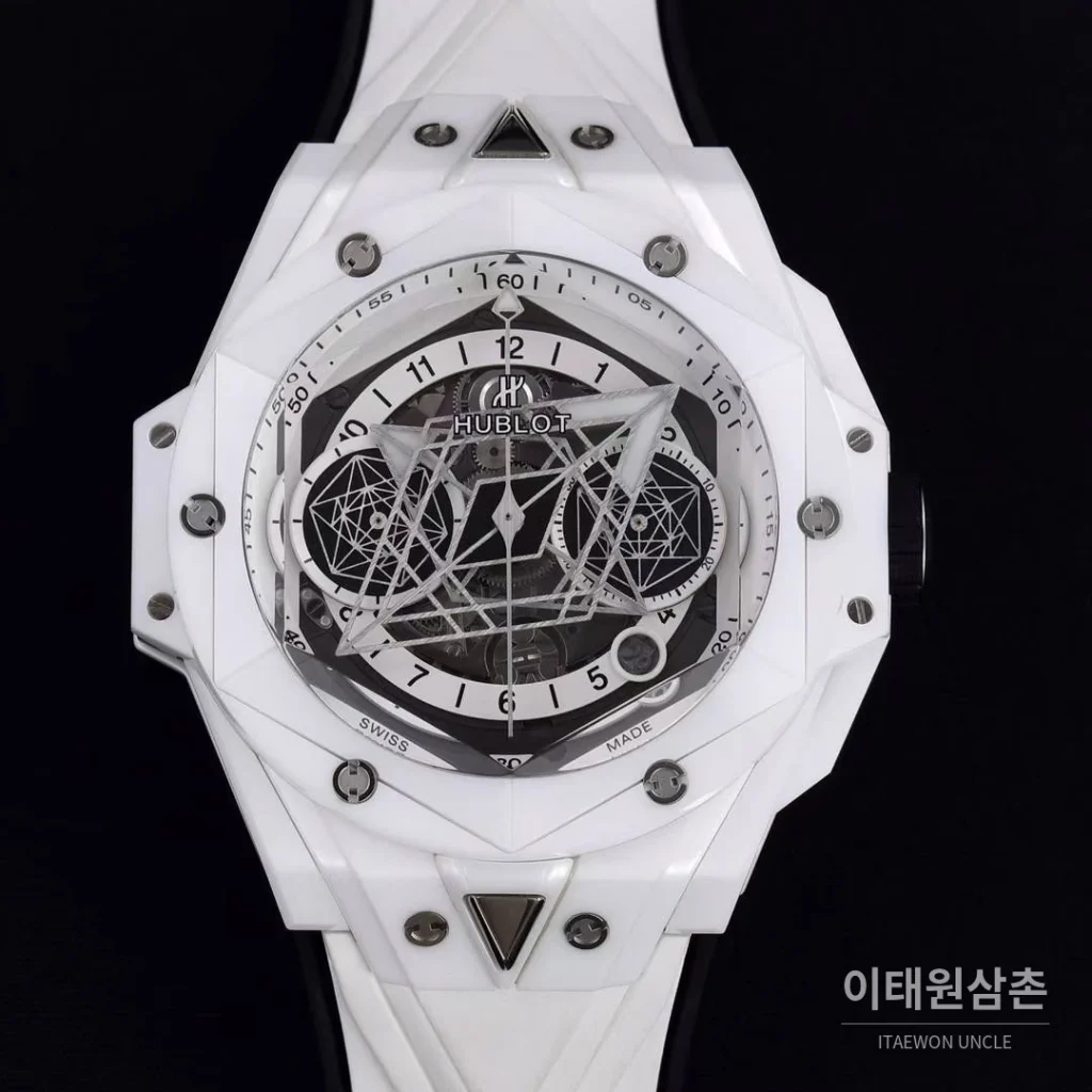 위블로 빅뱅 상블루 II 세라믹 스켈레톤 플라이백 크로노그래프 오토매틱 45mm 스켈레톤 다이얼 화이트 러버 스트랩