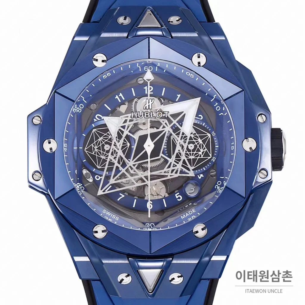위블로 빅뱅 상블루 II 세라믹 스켈레톤 플라이백 크로노그래프 오토매틱 45mm 스켈레톤 다이얼 블루 러버 스트랩