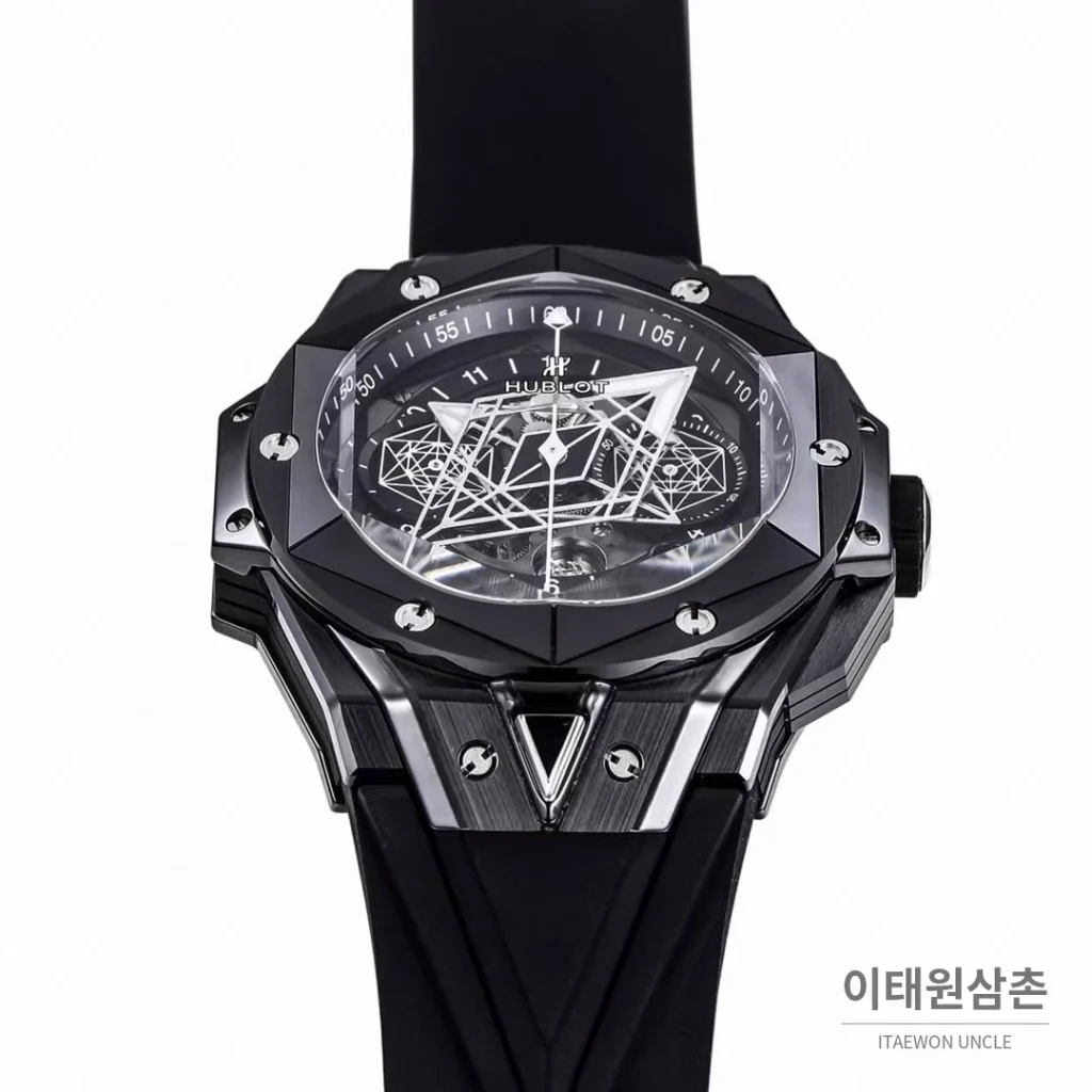 위블로 빅뱅 상블루 II 세라믹 스켈레톤 플라이백 크로노그래프 오토매틱 45mm 스켈레톤 다이얼 블랙 러버 스트랩