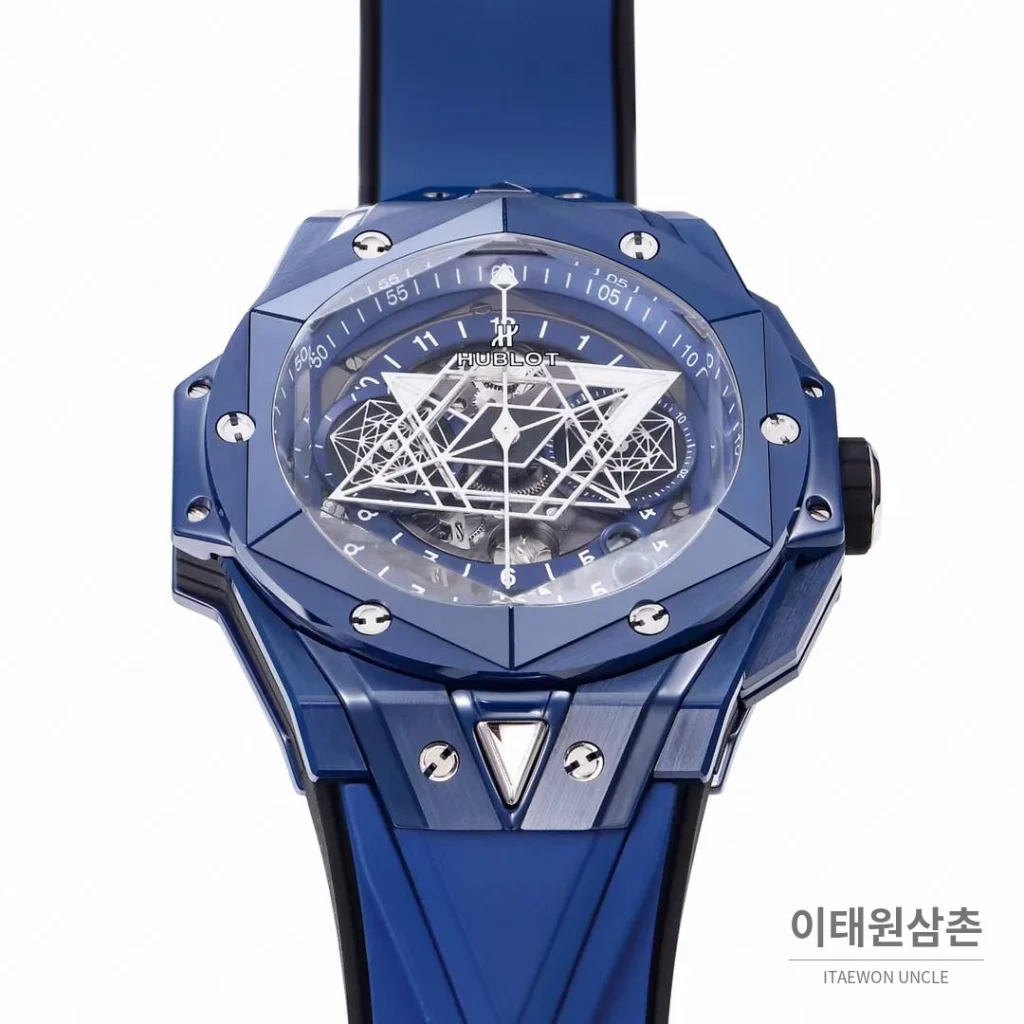 위블로 빅뱅 상블루 II 세라믹 스켈레톤 플라이백 크로노그래프 오토매틱 45mm 스켈레톤 다이얼 블루 러버 스트랩