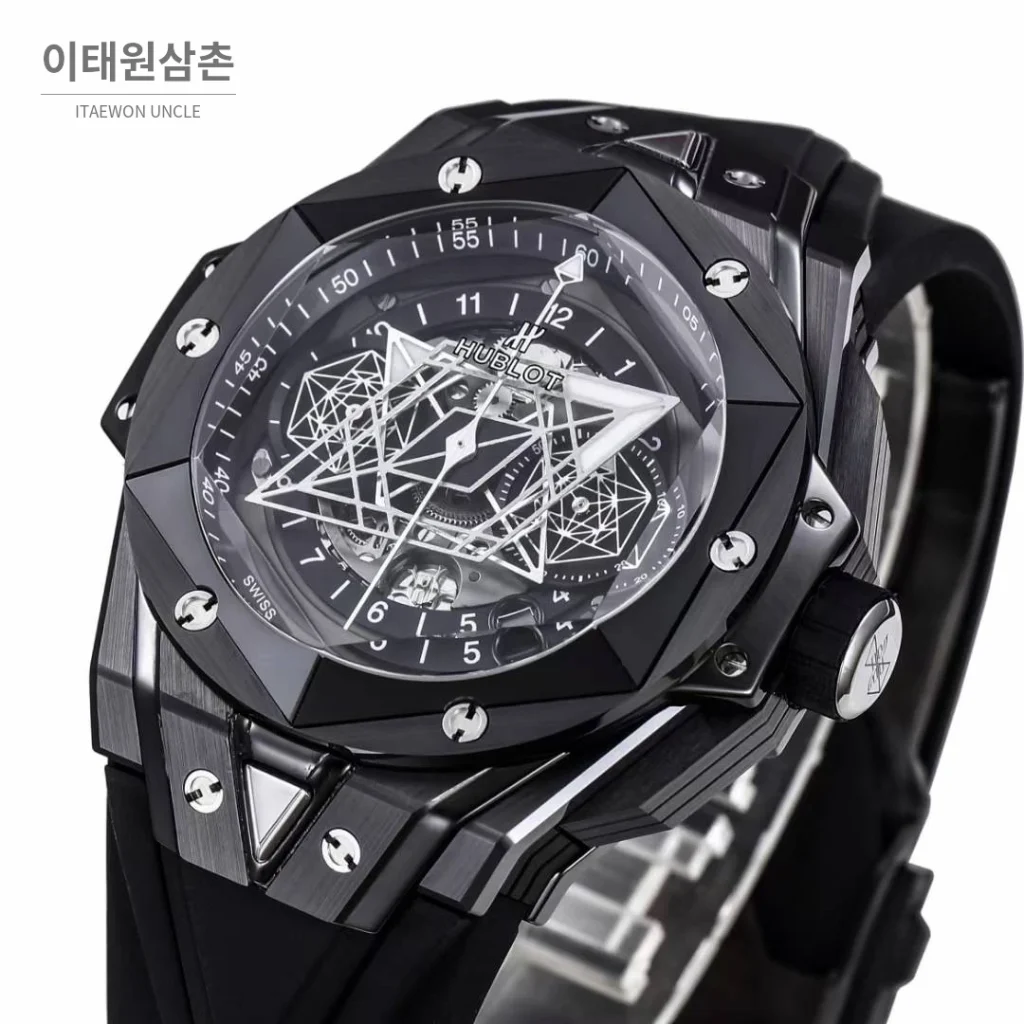 위블로 빅뱅 상블루 II 세라믹 스켈레톤 플라이백 크로노그래프 오토매틱 45mm 스켈레톤 다이얼 블랙 러버 스트랩
