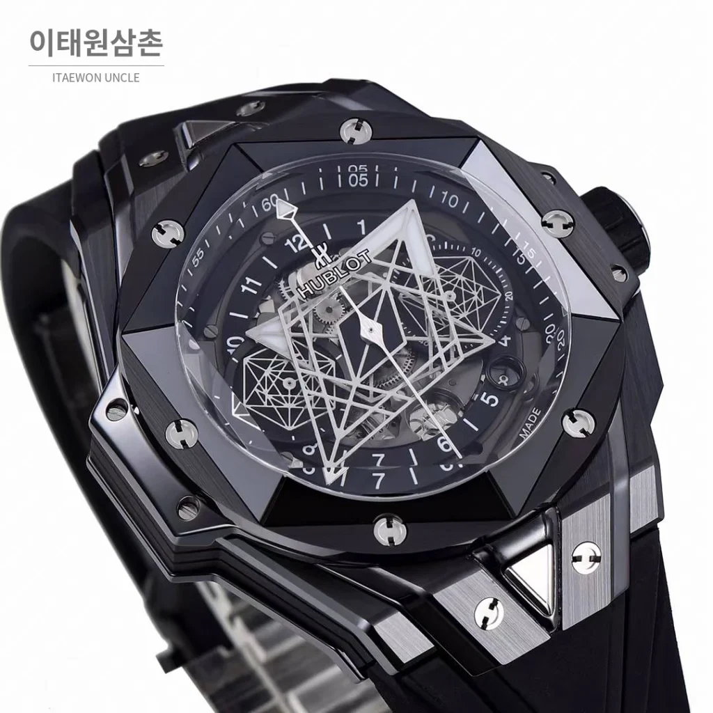 위블로 빅뱅 상블루 II 세라믹 스켈레톤 플라이백 크로노그래프 오토매틱 45mm 스켈레톤 다이얼 블랙 러버 스트랩