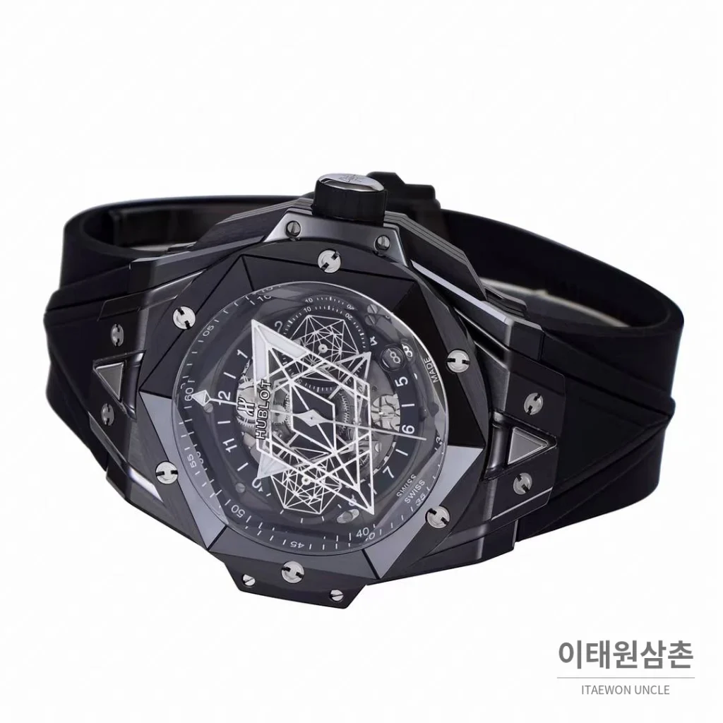 위블로 빅뱅 상블루 II 세라믹 스켈레톤 플라이백 크로노그래프 오토매틱 45mm 스켈레톤 다이얼 블랙 러버 스트랩