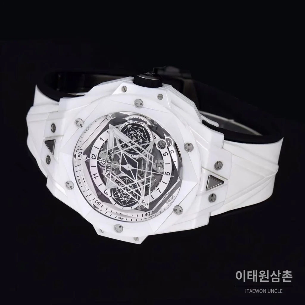 위블로 빅뱅 상블루 II 세라믹 스켈레톤 플라이백 크로노그래프 오토매틱 45mm 스켈레톤 다이얼 화이트 러버 스트랩