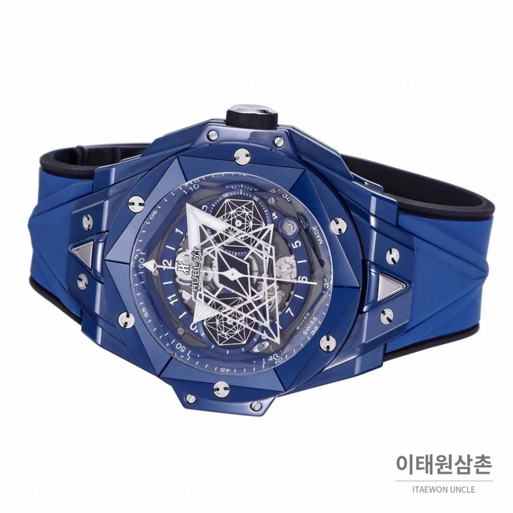 위블로 빅뱅 상블루 II 세라믹 스켈레톤 플라이백 크로노그래프 오토매틱 45mm 스켈레톤 다이얼 블루 러버 스트랩
