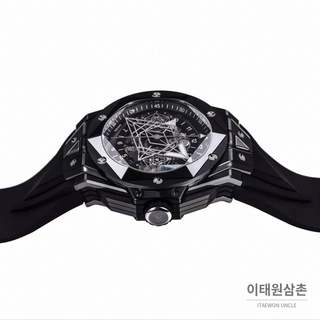 위블로 빅뱅 상블루 II 세라믹 스켈레톤 플라이백 크로노그래프 오토매틱 45mm 스켈레톤 다이얼 블랙 러버 스트랩