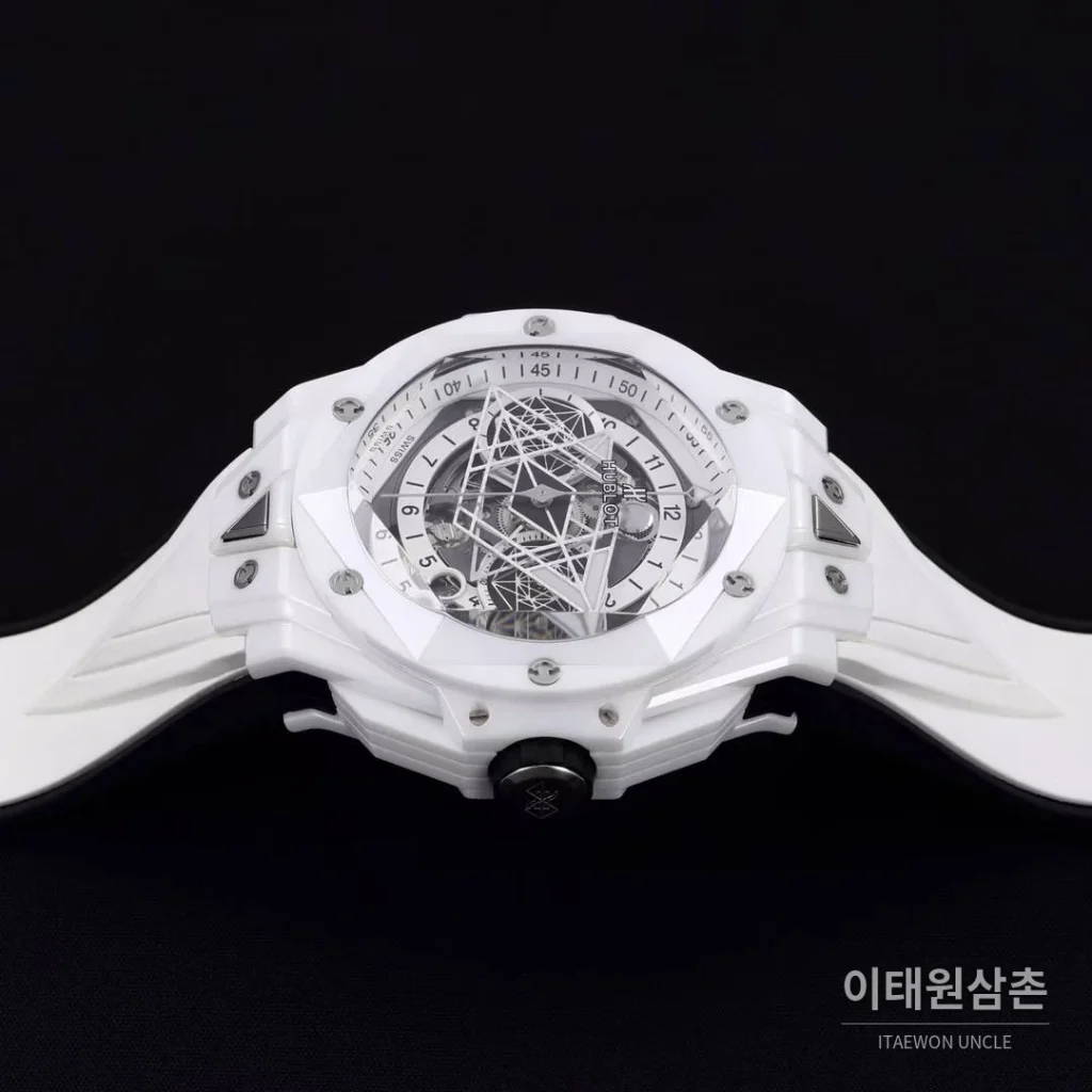 위블로 빅뱅 상블루 II 세라믹 스켈레톤 플라이백 크로노그래프 오토매틱 45mm 스켈레톤 다이얼 화이트 러버 스트랩