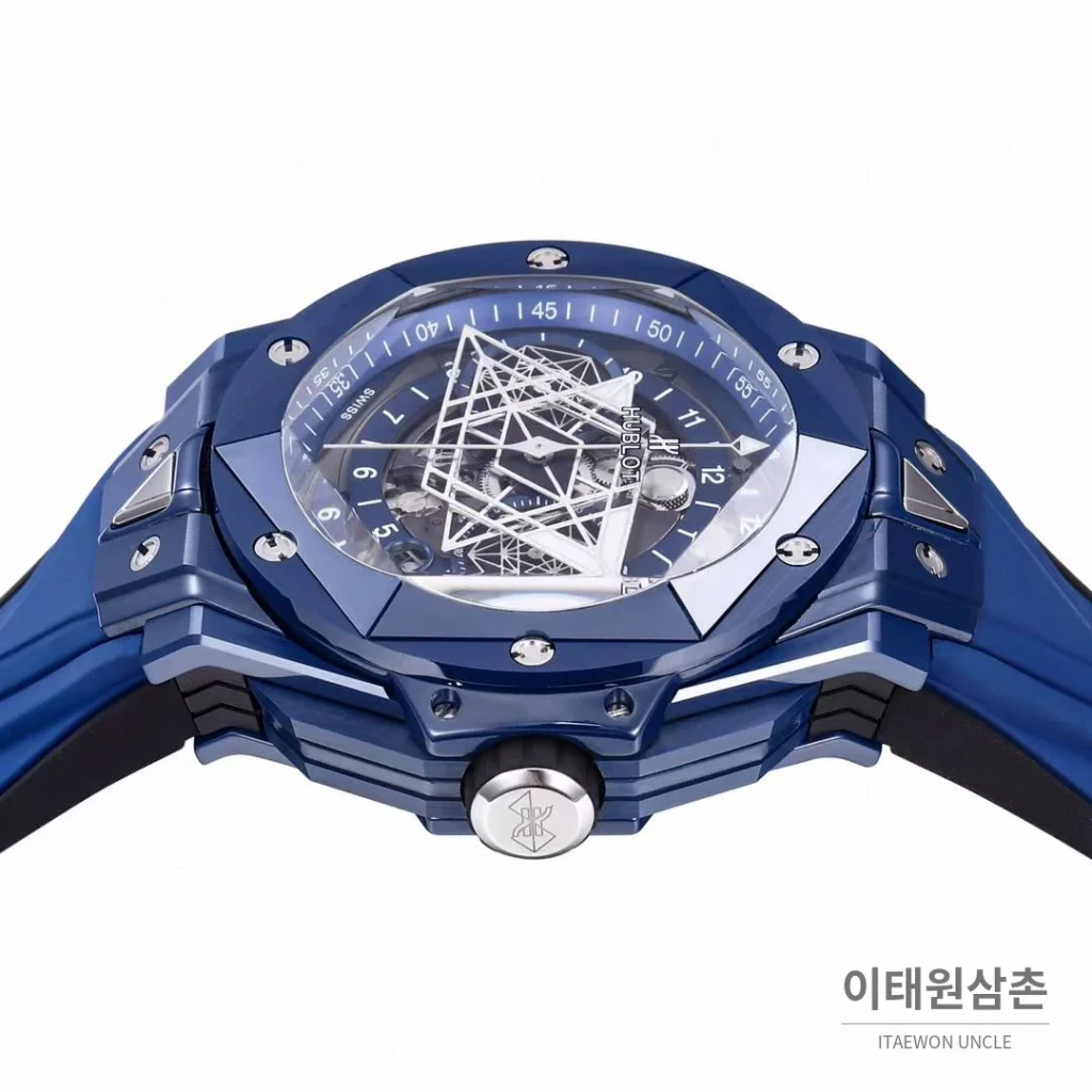 위블로 빅뱅 상블루 II 세라믹 스켈레톤 플라이백 크로노그래프 오토매틱 45mm 스켈레톤 다이얼 블루 러버 스트랩