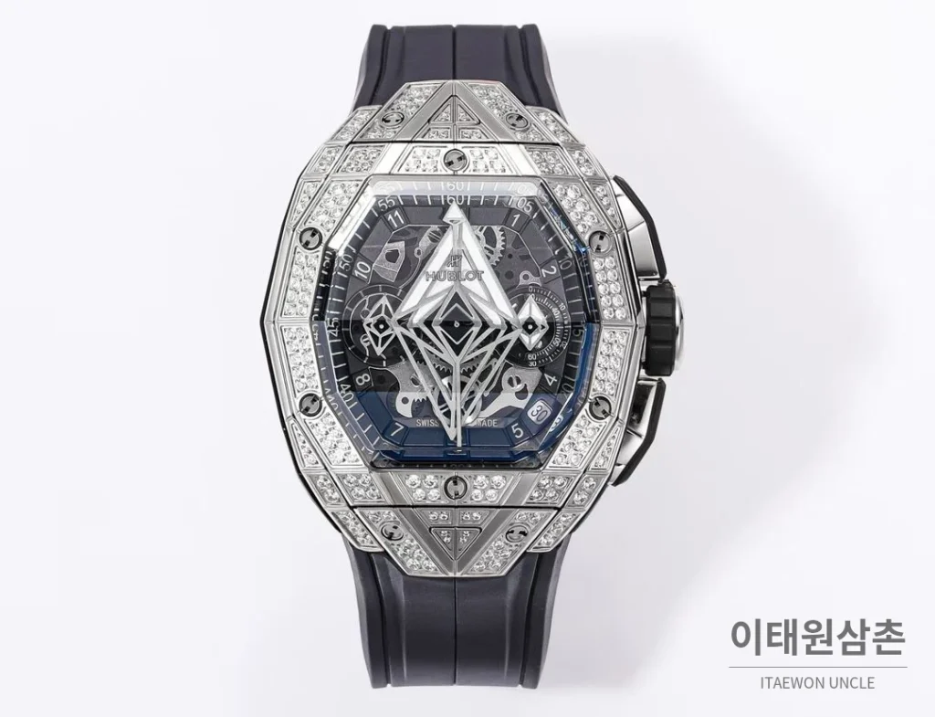위블로 빅뱅 상블루 III 스켈레톤 기하학 크로노그래프 러버밴드 오토매틱 42mm 블랙 실버 베젤