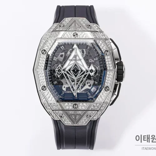 위블로 빅뱅 상블루 III 스켈레톤 기하학 크로노그래프 러버밴드 오토매틱 42mm 블랙 실버 베젤