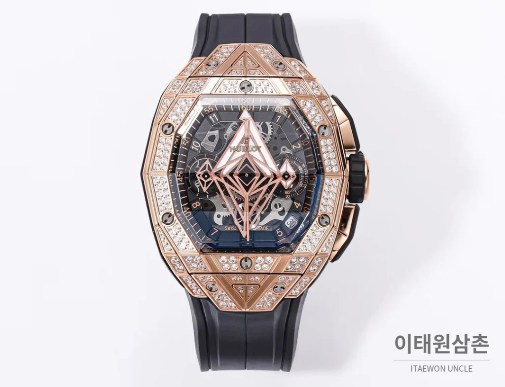 위블로 빅뱅 상블루 III 스켈레톤 기하학 크로노그래프 러버밴드 오토매틱 42mm 블랙 로즈골드 베젤
