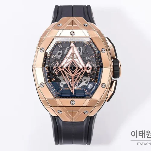 위블로 빅뱅 상블루 III 스켈레톤 기하학 크로노그래프 러버밴드 오토매틱 42mm 블랙 로즈골드 베젤 (2)