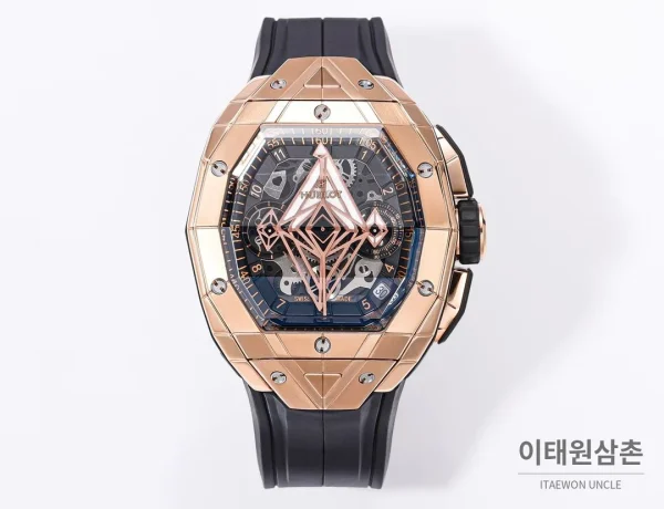 위블로 빅뱅 상블루 III 스켈레톤 기하학 크로노그래프 러버밴드 오토매틱 42mm 블랙 로즈골드 베젤 (2)