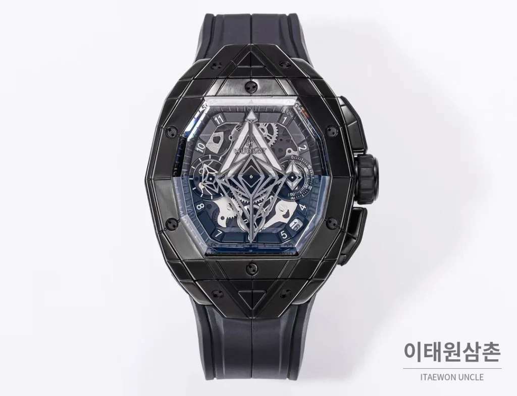 위블로 빅뱅 상블루 III 스켈레톤 기하학 크로노그래프 러버밴드 오토매틱 42mm 블랙 블랙 베젤