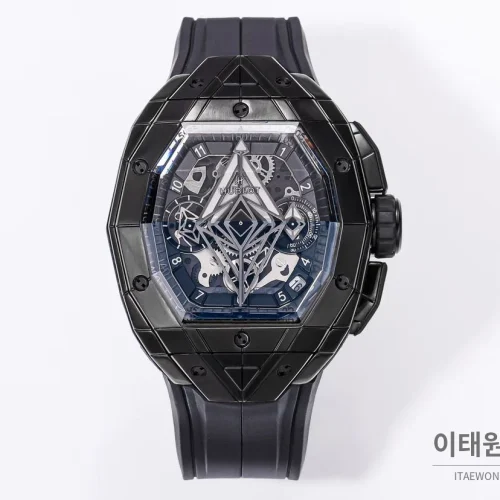 위블로 빅뱅 상블루 III 스켈레톤 기하학 크로노그래프 러버밴드 오토매틱 42mm 블랙 블랙 베젤
