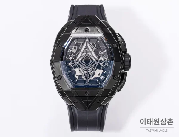 위블로 빅뱅 상블루 III 스켈레톤 기하학 크로노그래프 러버밴드 오토매틱 42mm 블랙 블랙 베젤
