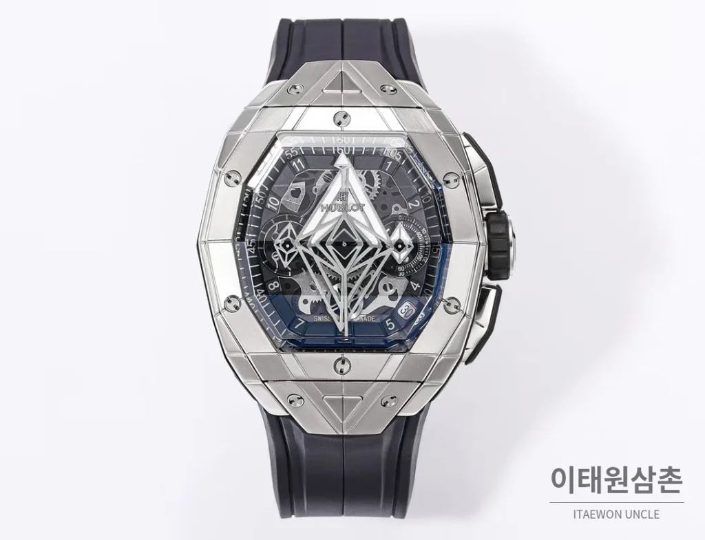 위블로 빅뱅 상블루 III 스켈레톤 기하학 크로노그래프 러버밴드 오토매틱 42mm 블랙