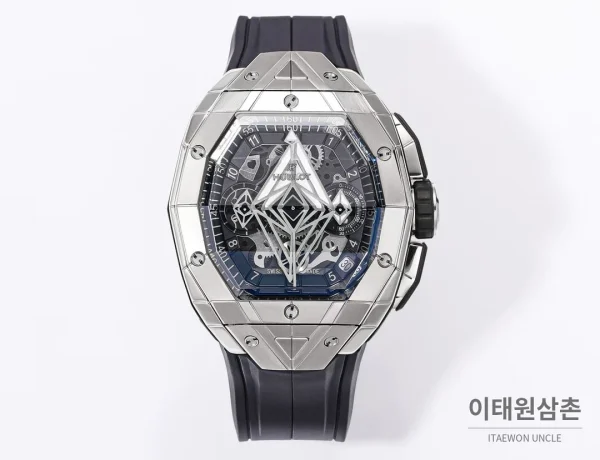 위블로 빅뱅 상블루 III 스켈레톤 기하학 크로노그래프 러버밴드 오토매틱 42mm 블랙