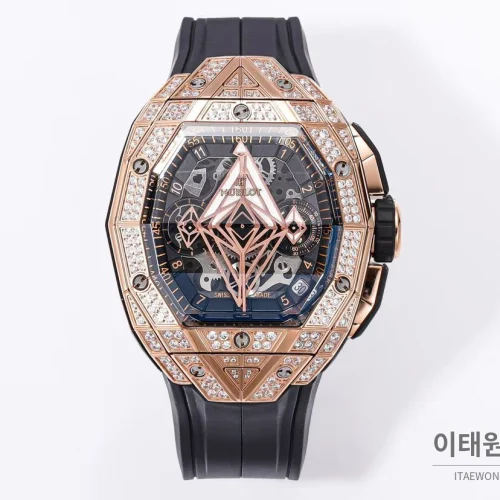 위블로 빅뱅 상블루 III 스켈레톤 기하학 크로노그래프 러버밴드 오토매틱 42mm 블랙 로즈골드 베젤