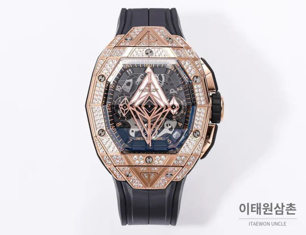 위블로 빅뱅 상블루 III 스켈레톤 기하학 크로노그래프 러버밴드 오토매틱 42mm 블랙 로즈골드 베젤