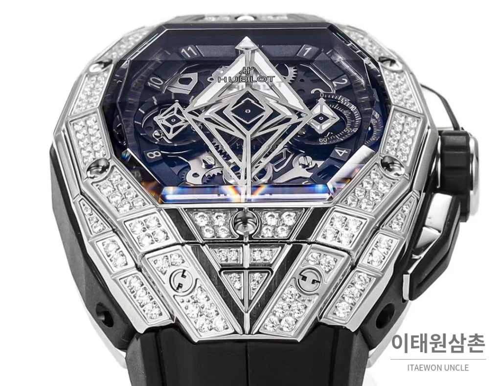 위블로 빅뱅 상블루 III 스켈레톤 기하학 크로노그래프 러버밴드 오토매틱 42mm 블랙 실버 베젤