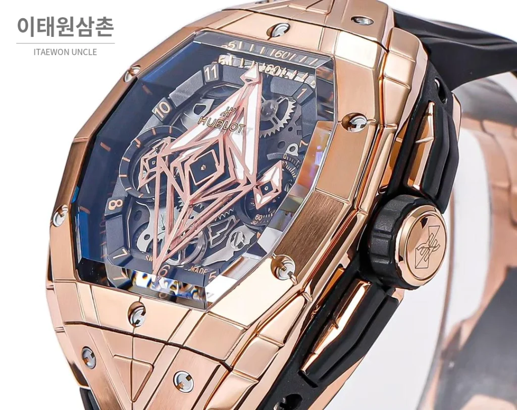 위블로 빅뱅 상블루 III 스켈레톤 기하학 크로노그래프 러버밴드 오토매틱 42mm 블랙 로즈골드 베젤 (2)