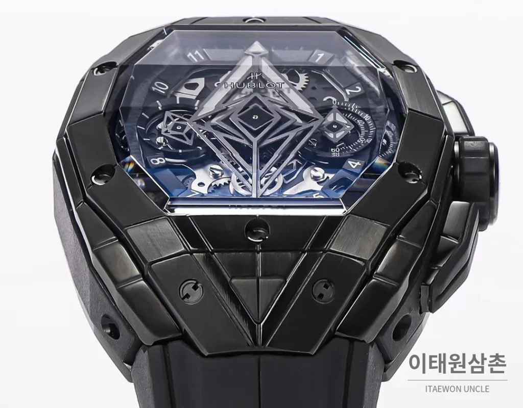 위블로 빅뱅 상블루 III 스켈레톤 기하학 크로노그래프 러버밴드 오토매틱 42mm 블랙 블랙 베젤