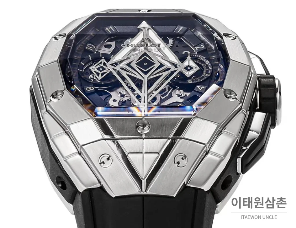 위블로 빅뱅 상블루 III 스켈레톤 기하학 크로노그래프 러버밴드 오토매틱 42mm 블랙