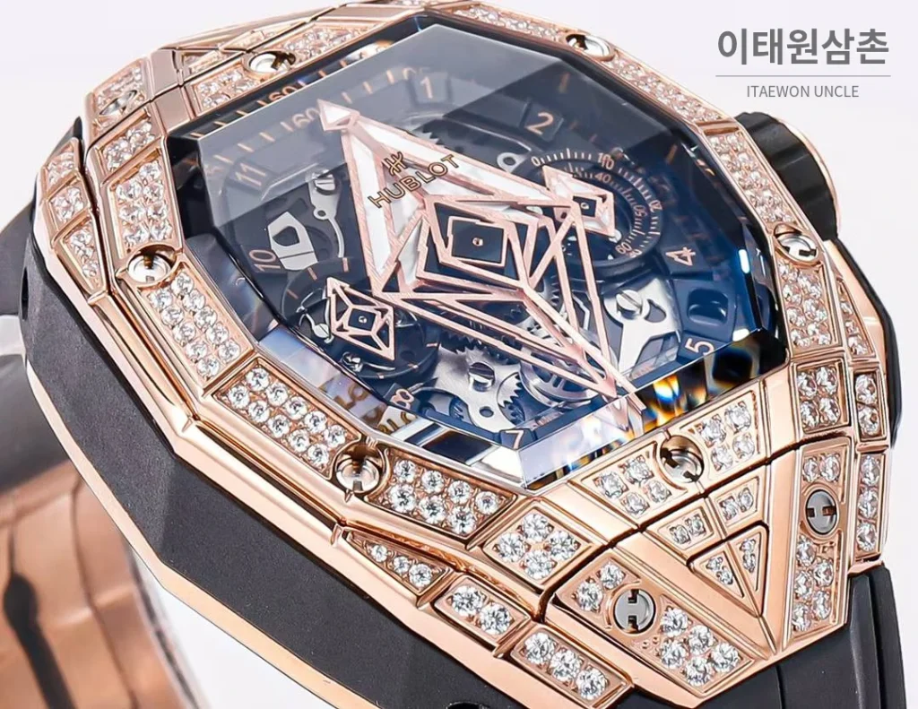 위블로 빅뱅 상블루 III 스켈레톤 기하학 크로노그래프 러버밴드 오토매틱 42mm 블랙 로즈골드 베젤