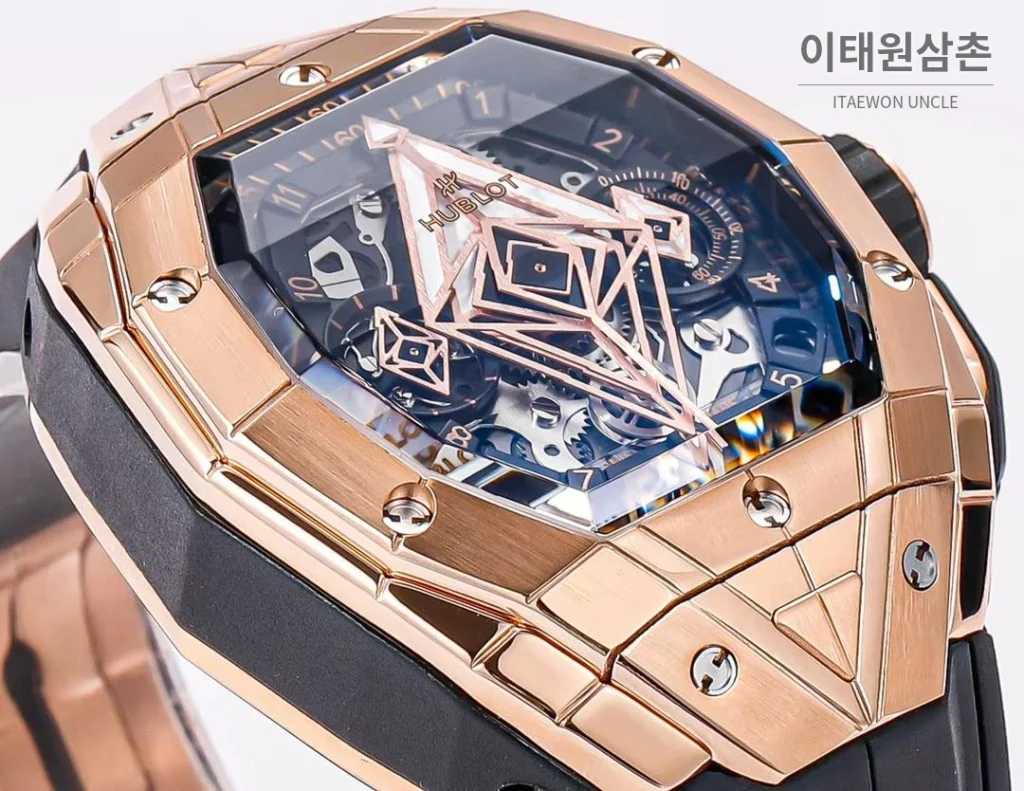 위블로 빅뱅 상블루 III 스켈레톤 기하학 크로노그래프 러버밴드 오토매틱 42mm 블랙 로즈골드 베젤 (2)