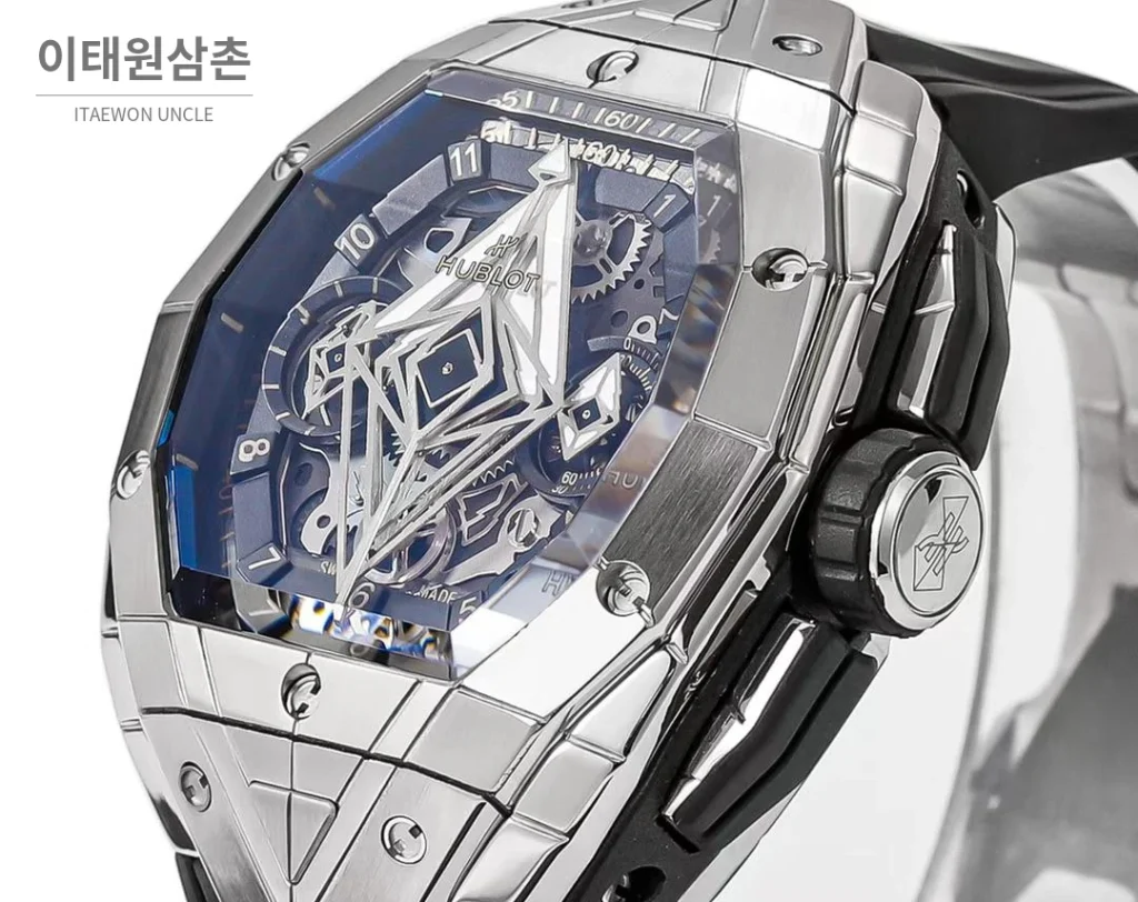 위블로 빅뱅 상블루 III 스켈레톤 기하학 크로노그래프 러버밴드 오토매틱 42mm 블랙