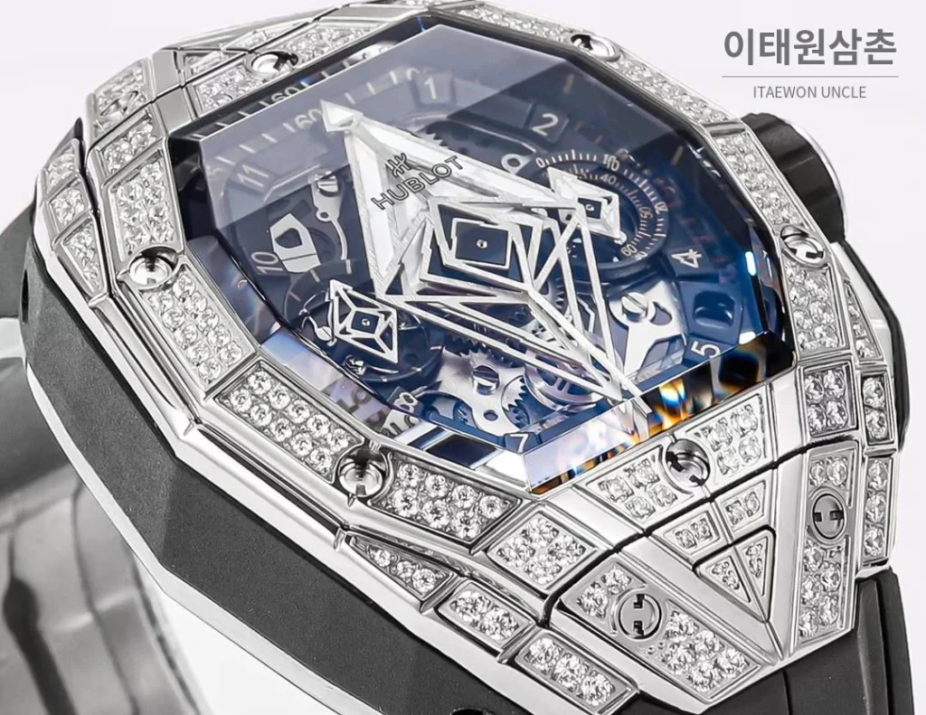 위블로 빅뱅 상블루 III 스켈레톤 기하학 크로노그래프 러버밴드 오토매틱 42mm 블랙 실버 베젤