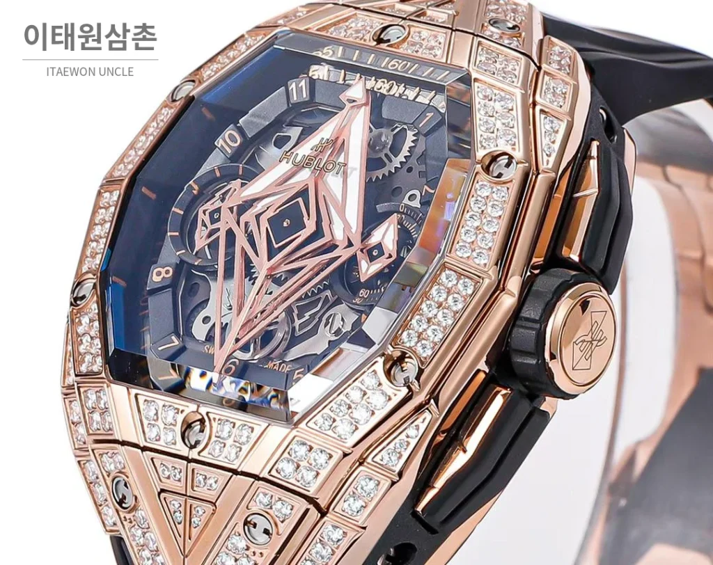 위블로 빅뱅 상블루 III 스켈레톤 기하학 크로노그래프 러버밴드 오토매틱 42mm 블랙 로즈골드 베젤