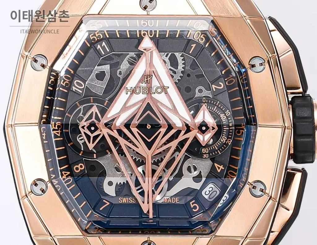 위블로 빅뱅 상블루 III 스켈레톤 기하학 크로노그래프 러버밴드 오토매틱 42mm 블랙 로즈골드 베젤 (2)